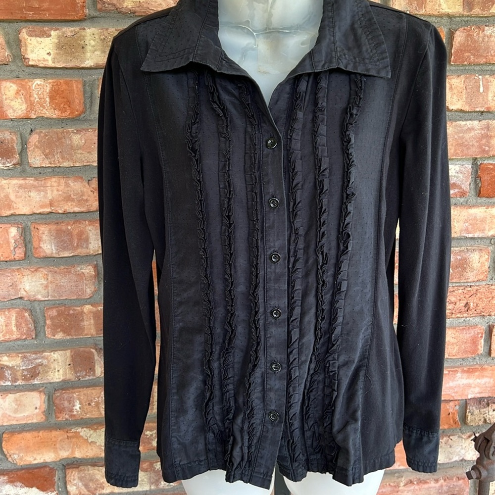 Coldwater Creek tuxedo button down with ruffles tailored black shirt